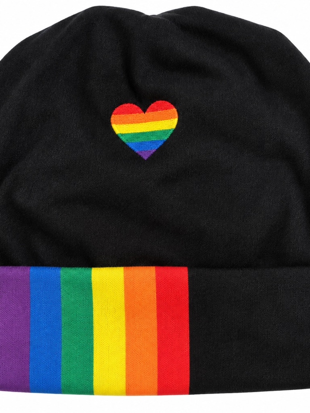 Black Knit Beanie with Rainbow Heart & Stripe Cuff